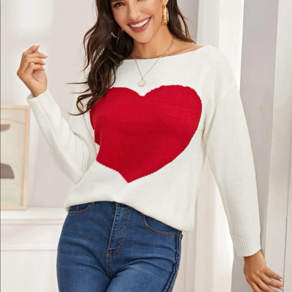 Shein Heart Pattern Boat Neck Sweater
